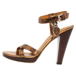 Pre Owned Gucci Bronze Guccissima Leather Ankle Strap Sandals Size 38.5