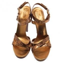 Pre Owned Gucci Bronze Guccissima Leather Ankle Strap Sandals Size 38.5