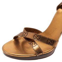 Pre Owned Gucci Bronze Guccissima Leather Ankle Strap Sandals Size 38.5