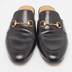 Pre Owned Gucci Black Leather Princetown Mules Size 38.5