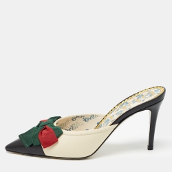 Gucci Black/Cream Leather Sackville Web Bow Mules Size 37