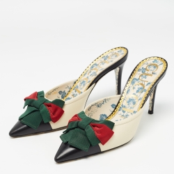 Gucci Black/Cream Leather Sackville Web Bow Mules Size 37