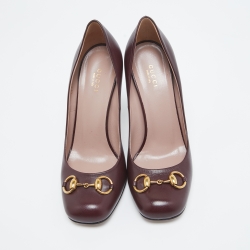 مملوكة مسبقًا Gucci Burgundy Leather Horsebit GG Round Toe Pumps Size 39