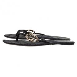 Pre Owned Gucci Black Leather GG Thong Sandals Size 36.5