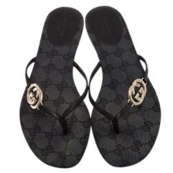 Pre Owned Gucci Black Leather GG Thong Sandals Size 36.5
