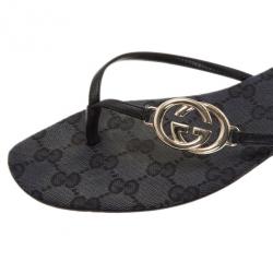 Pre Owned Gucci Black Leather GG Thong Sandals Size 36.5