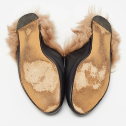 Pre Owned Gucci Black Leather and Fur Princetown Embroidered Flat Mules Size 37