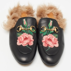 Pre Owned Gucci Black Leather and Fur Princetown Embroidered Flat Mules Size 37