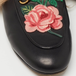 Pre Owned Gucci Black Leather and Fur Princetown Embroidered Flat Mules Size 37