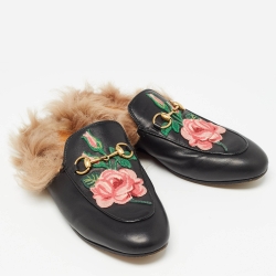 Pre Owned Gucci Black Leather and Fur Princetown Embroidered Flat Mules Size 37