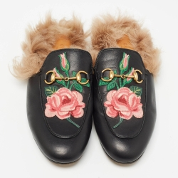Pre Owned Gucci Black Leather and Fur Princetown Embroidered Flat Mules Size 37