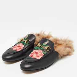 Pre Owned Gucci Black Leather and Fur Princetown Embroidered Flat Mules Size 37