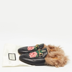 Pre Owned Gucci Black Leather and Fur Princetown Embroidered Flat Mules Size 37