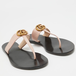 Pre Owned Gucci Pink Leather GG Marmont Thong Flats Size 39