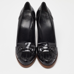 Gucci Black Brogue Patent Leather Horsebit Fringe Detail Loafer Pumps Size 40.5