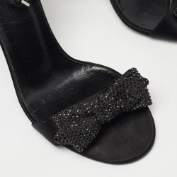 Gucci Black Satin Crystal Embellished Bow Open Toe Ankle Strap Sandals Size 41