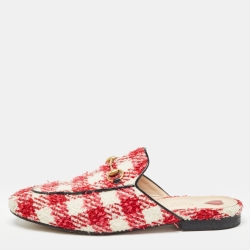 Pre Owned Gucci Red/White Tweed Princetown  Mules Size 38.5