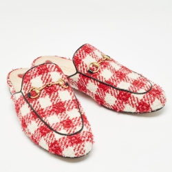 Pre Owned Gucci Red/White Tweed Princetown  Mules Size 38.5
