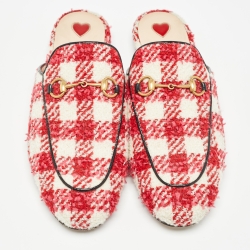 Pre Owned Gucci Red/White Tweed Princetown  Mules Size 38.5