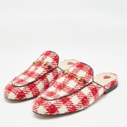 Pre Owned Gucci Red/White Tweed Princetown  Mules Size 38.5