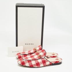 Pre Owned Gucci Red/White Tweed Princetown  Mules Size 38.5