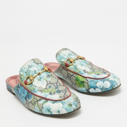 Pre Owned Gucci Grey Canvas Flower Printed Princetown Mules Size 38.5