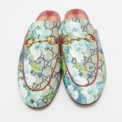Pre Owned Gucci Grey Canvas Flower Printed Princetown Mules Size 38.5