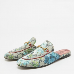 Pre Owned Gucci Grey Canvas Flower Printed Princetown Mules Size 38.5