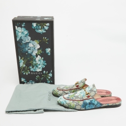 Pre Owned Gucci Grey Canvas Flower Printed Princetown Mules Size 38.5
