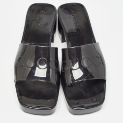 Pre Owned Gucci Black Rubber Logo Embossed Slides Size 38     