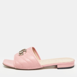 Pre Owned Gucci Pink Leather  GG Marmont Flat Sides Size Sandals Size 39.5