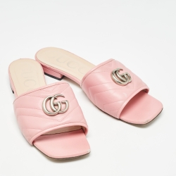 Pre Owned Gucci Pink Leather  GG Marmont Flat Sides Size Sandals Size 39.5