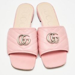 Pre Owned Gucci Pink Leather  GG Marmont Flat Sides Size Sandals Size 39.5