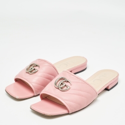Pre Owned Gucci Pink Leather  GG Marmont Flat Sides Size Sandals Size 39.5