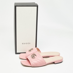 Pre Owned Gucci Pink Leather  GG Marmont Flat Sides Size Sandals Size 39.5