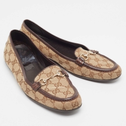 Pre Owned Gucci Brown Canvas and Leather Horsebit Loafers Size 40.5