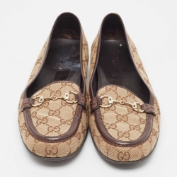 Pre Owned Gucci Brown Canvas and Leather Horsebit Loafers Size 40.5