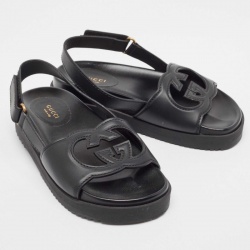 Pre Owned Gucci Black Leather Slingback Flat Sandals Size 38