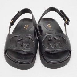 Pre Owned Gucci Black Leather Slingback Flat Sandals Size 38