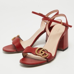 Pre Owned Gucci Red Leather GG Marmont  Ankle Strap Sandals Size 36