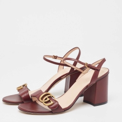 Pre Owned Gucci Burgundy Leather GG Marmont Ankle Wrap Sandals Size 38.5