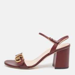 Pre Owned Gucci Burgundy Leather GG Marmont Ankle Wrap Sandals Size 38.5