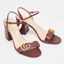 Pre Owned Gucci Burgundy Leather GG Marmont Ankle Wrap Sandals Size 38.5