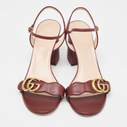 Pre Owned Gucci Burgundy Leather GG Marmont Ankle Wrap Sandals Size 38.5