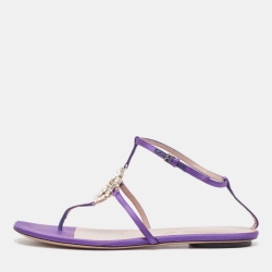 Pre Owned Gucci Purple Satin Crystal Embellished Interlocking G Thong Flat Sandals Size 39