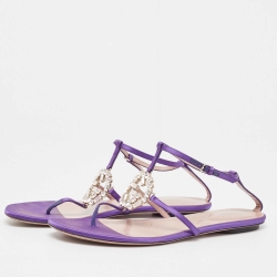 Pre Owned Gucci Purple Satin Crystal Embellished Interlocking G Thong Flat Sandals Size 39