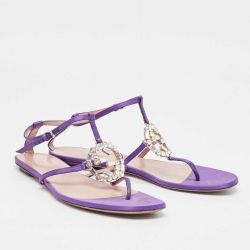 Pre Owned Gucci Purple Satin Crystal Embellished Interlocking G Thong Flat Sandals Size 39