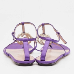 Pre Owned Gucci Purple Satin Crystal Embellished Interlocking G Thong Flat Sandals Size 39