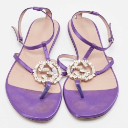 Pre Owned Gucci Purple Satin Crystal Embellished Interlocking G Thong Flat Sandals Size 39