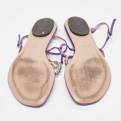 Pre Owned Gucci Purple Satin Crystal Embellished Interlocking G Thong Flat Sandals Size 39